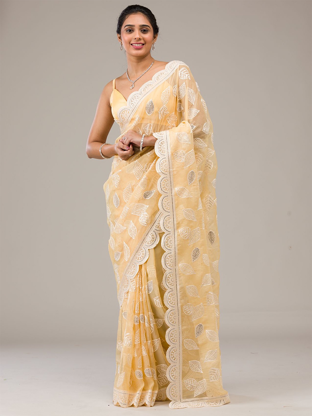 

Koskii Floral Embroidered Sequinned Organza Saree, Yellow