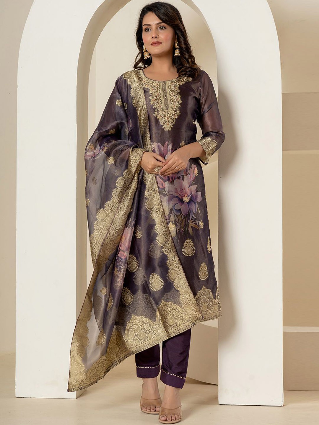 

Yufta Ethnic Motifs Woven Design Straight Kurta & Trousers With Dupatta, Purple