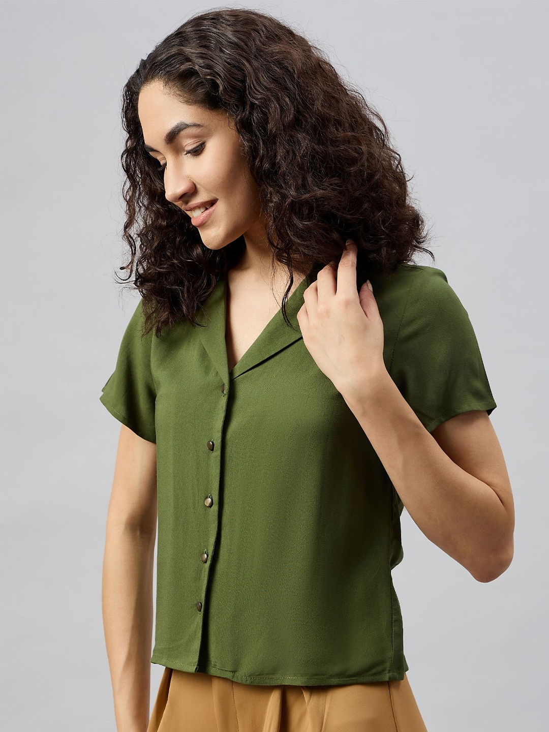 

Deewa Women Solid Lapel Collar Top, Olive