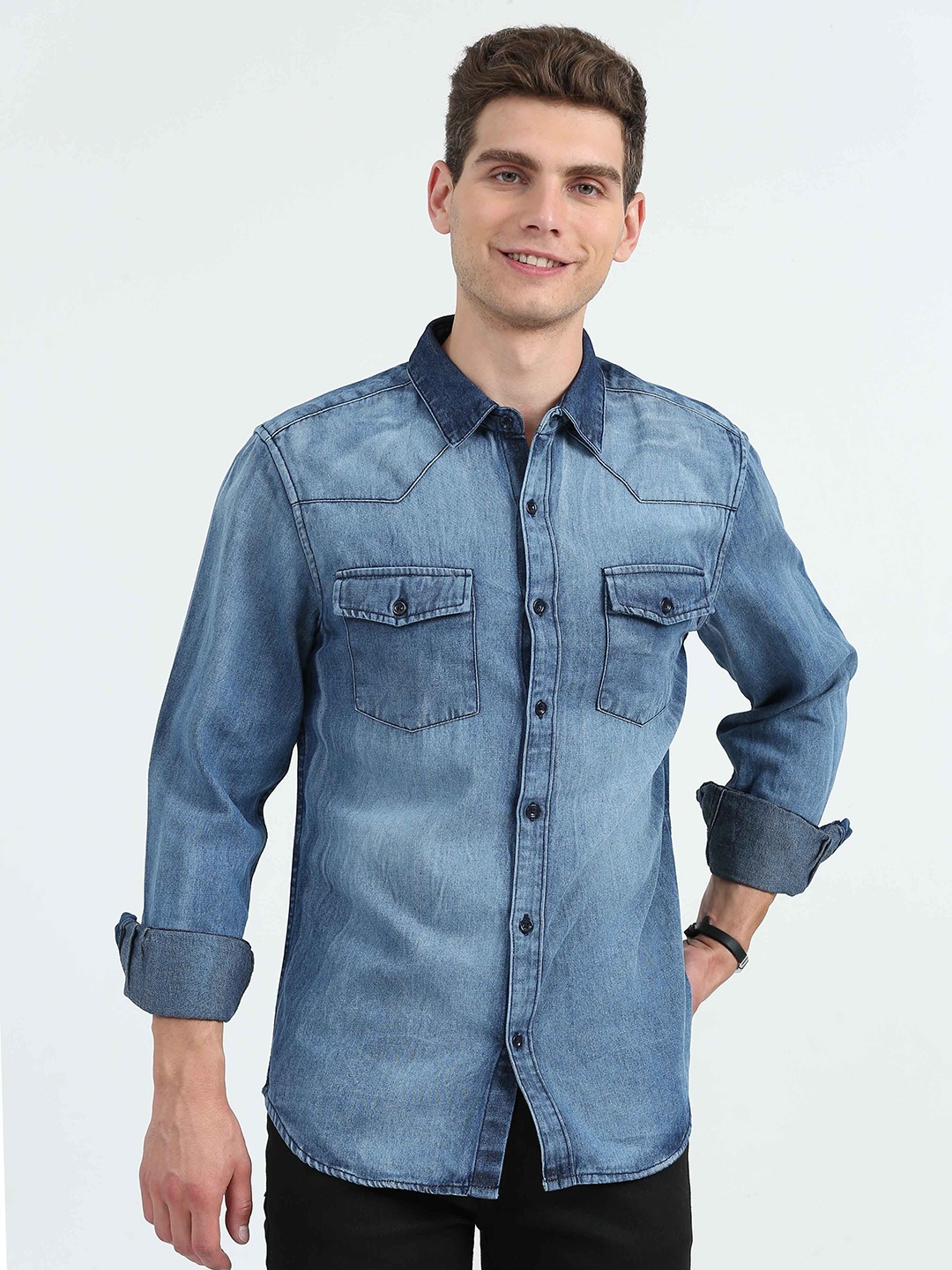 

Mast & Harbour Men Comfort Denim Faded Opaque Casual Shirt, Blue