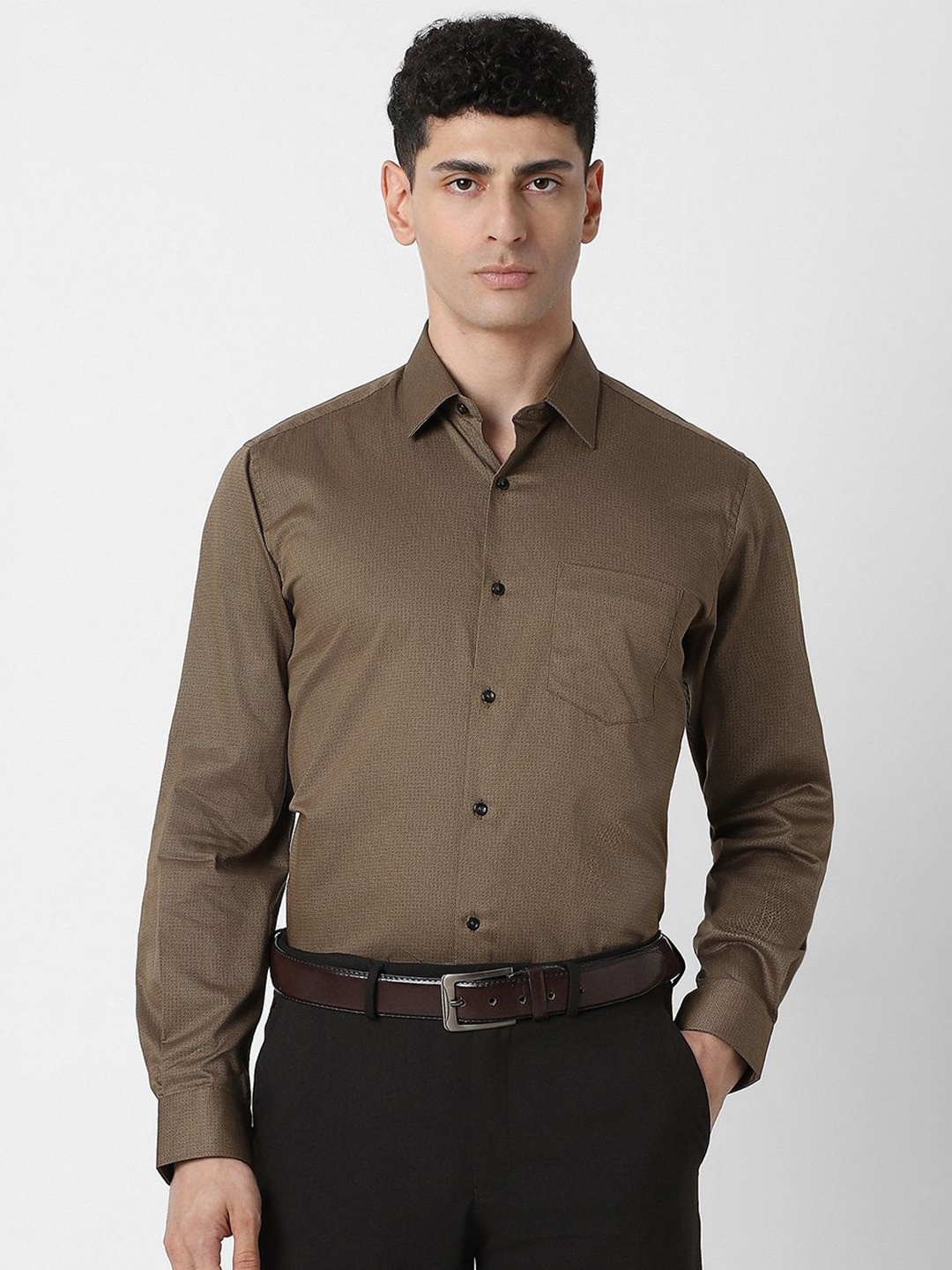 

Van Heusen Men Spread Collar Solid Cotton Party Shirt, Brown