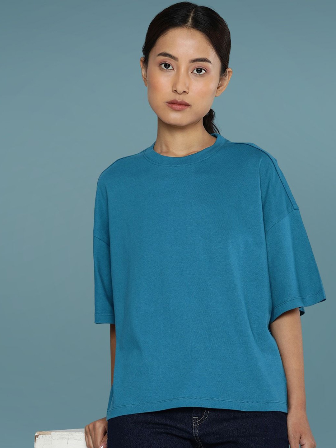 

DressBerry Women Drop-Shoulder Sleeves Boxy T-shirt, Teal