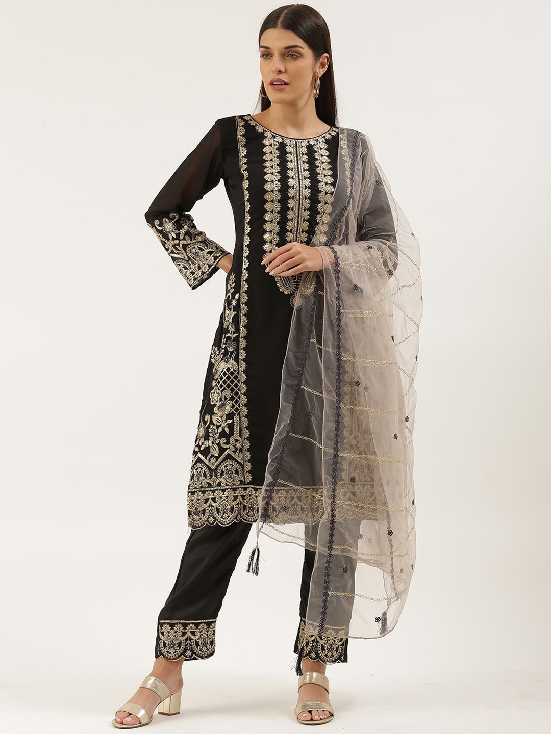

cbazaar Floral Embroidered Straight Kurta with Trousers & Dupatta, Black