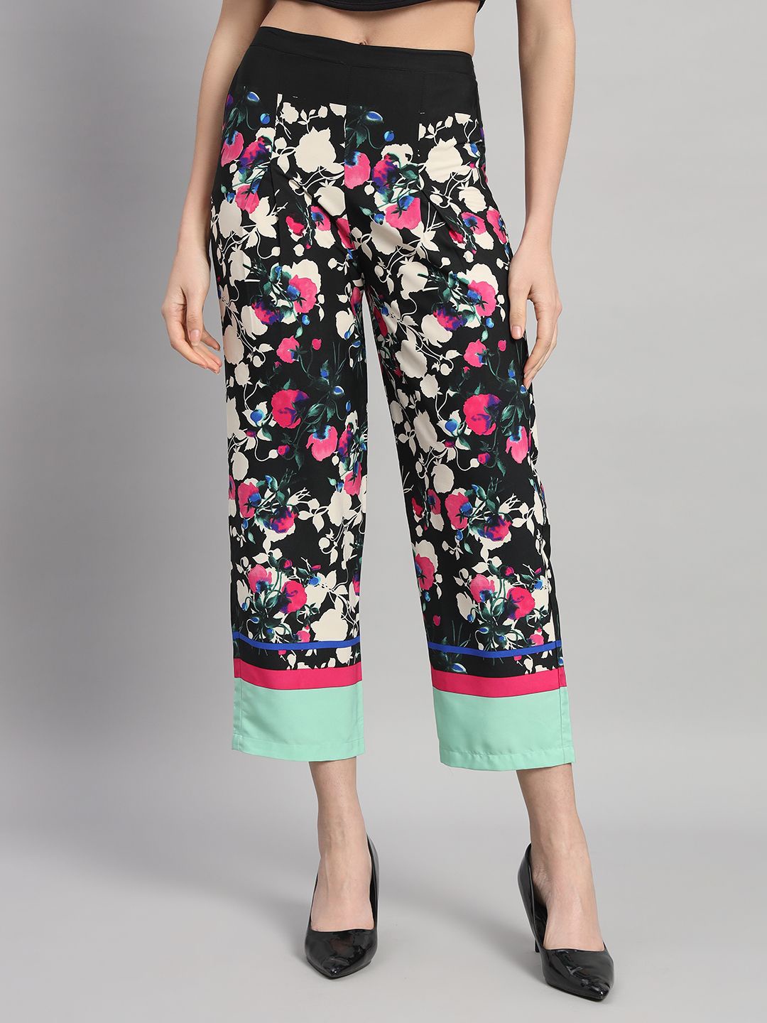 

Curvydrobe Women Printed Crepe Western Straight Palazzos, Black