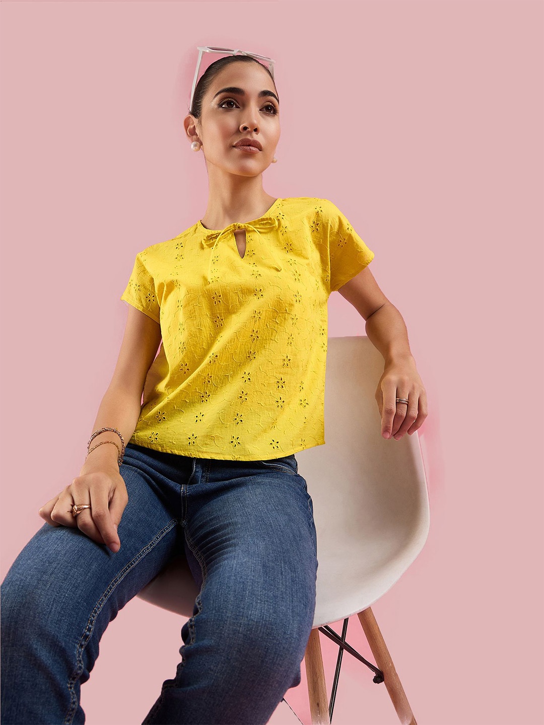 

Deewa Women Self Design Schiffli Tie-Up Neck Pure Cotton Top, Yellow