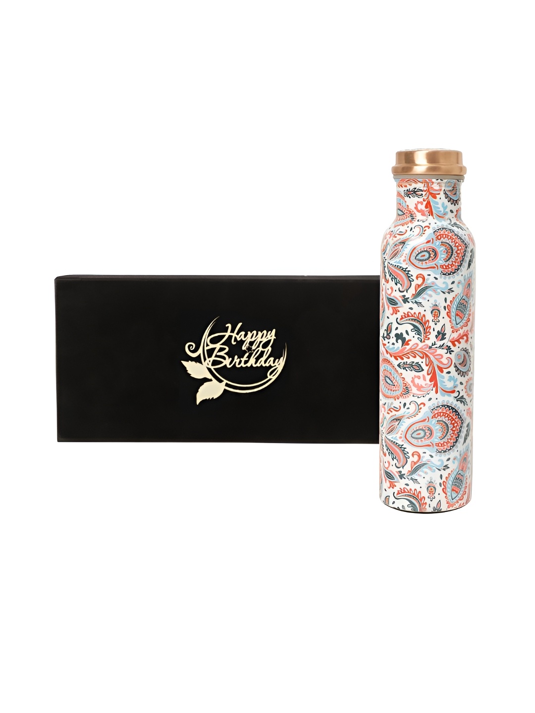 

INTERNATIONAL GIFT White & Blue Printed Copper Water Bottle with Happy Birthday Tag