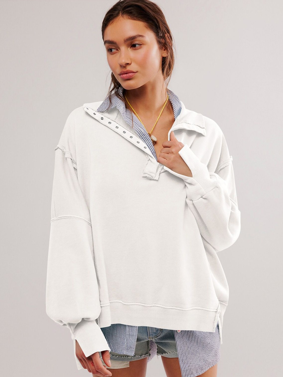 

StyleCast Women Solid Shirt Collar Sweatshirt, White