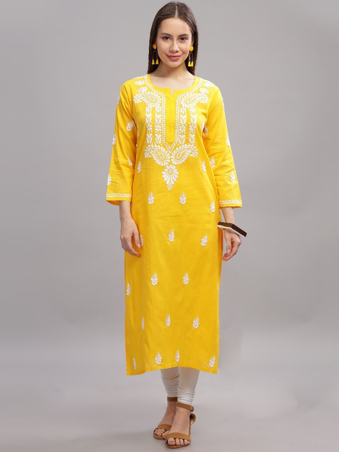 

THE VASILIKI Floral Embroidered Notch Neck Straight Kurta, Yellow