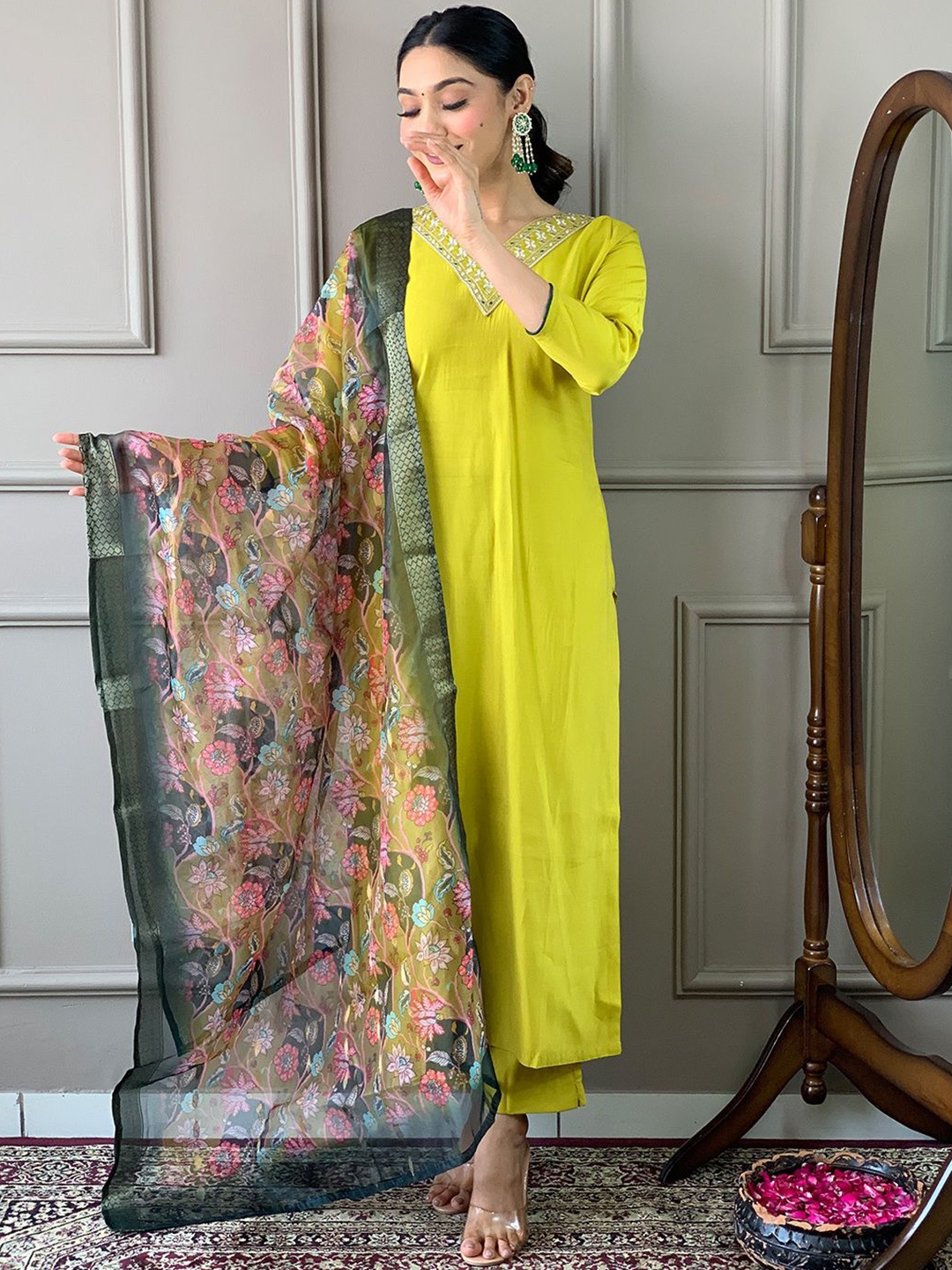 

Lilots Floral Yoke Design Regular Thread Work Chanderi Silk Kurta With Trousers & Dupatta, Lime green