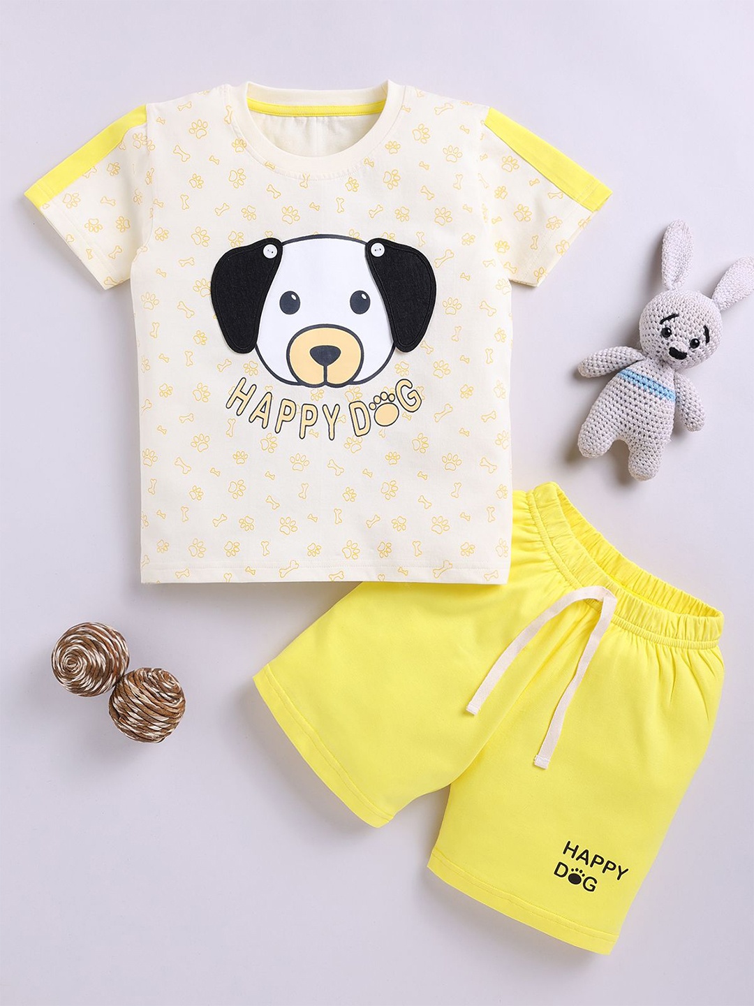

LITTLE NINJA Boys Printed Pure Cotton T-shirt With Short, Yellow