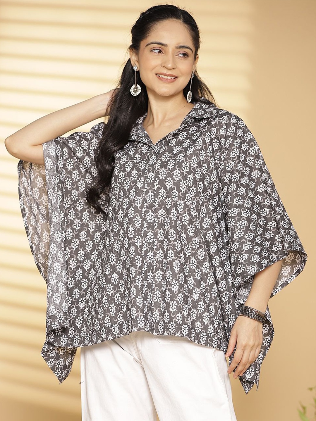 

LetsDressUp Women Floral Printed Shirt Collar Pure Cotton Top, Grey