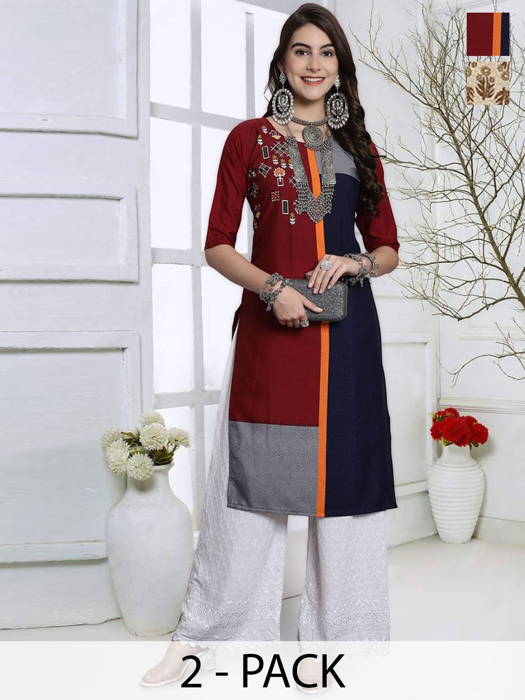 

KALINI Selection Of 2 Printed Round Neck Straight Kurtas, Brown
