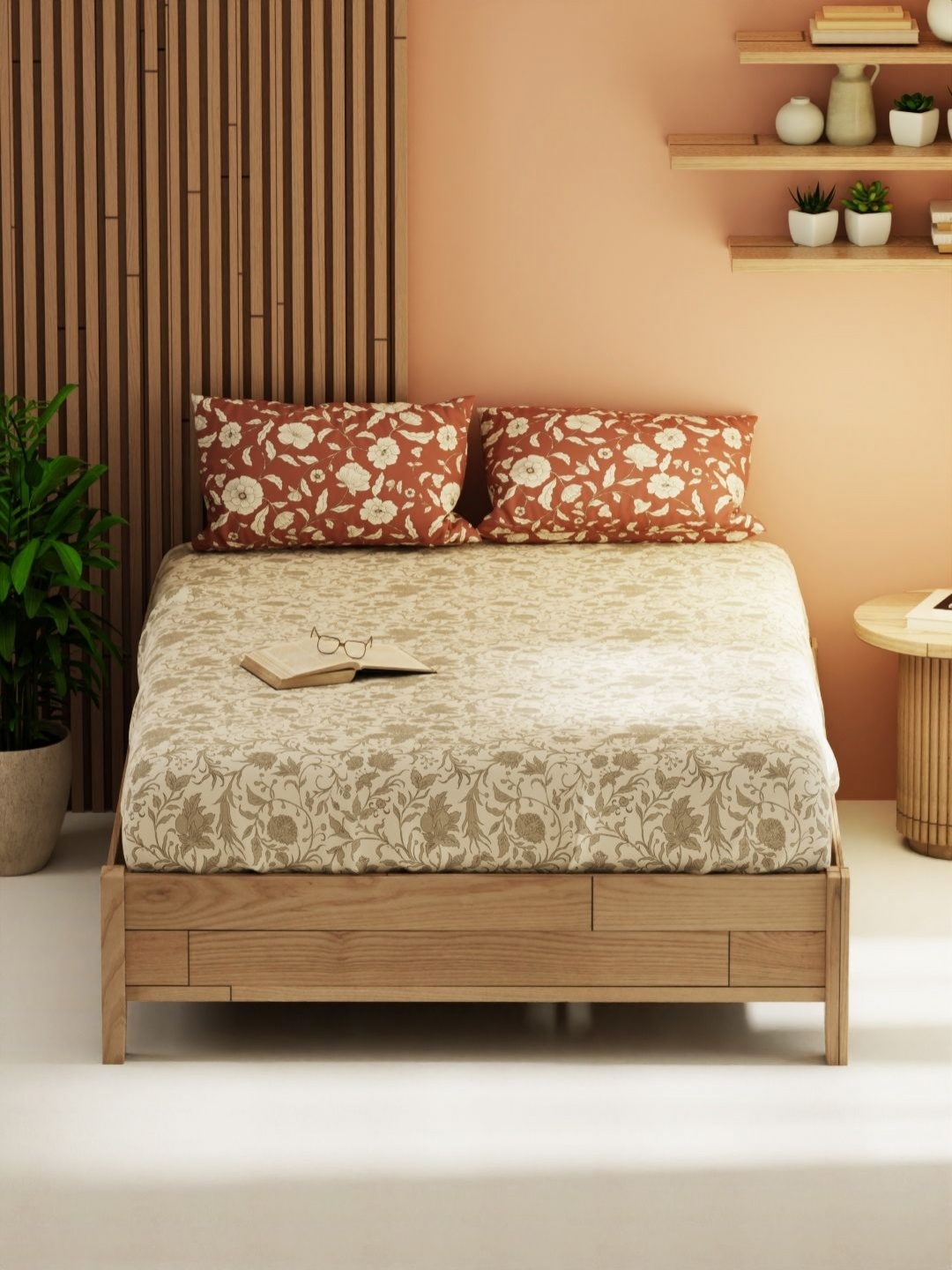 

KOPA Beige Magnolia Floral 152 TC Bamboo Cotton Queen Bedsheet With 2 Pillow Covers