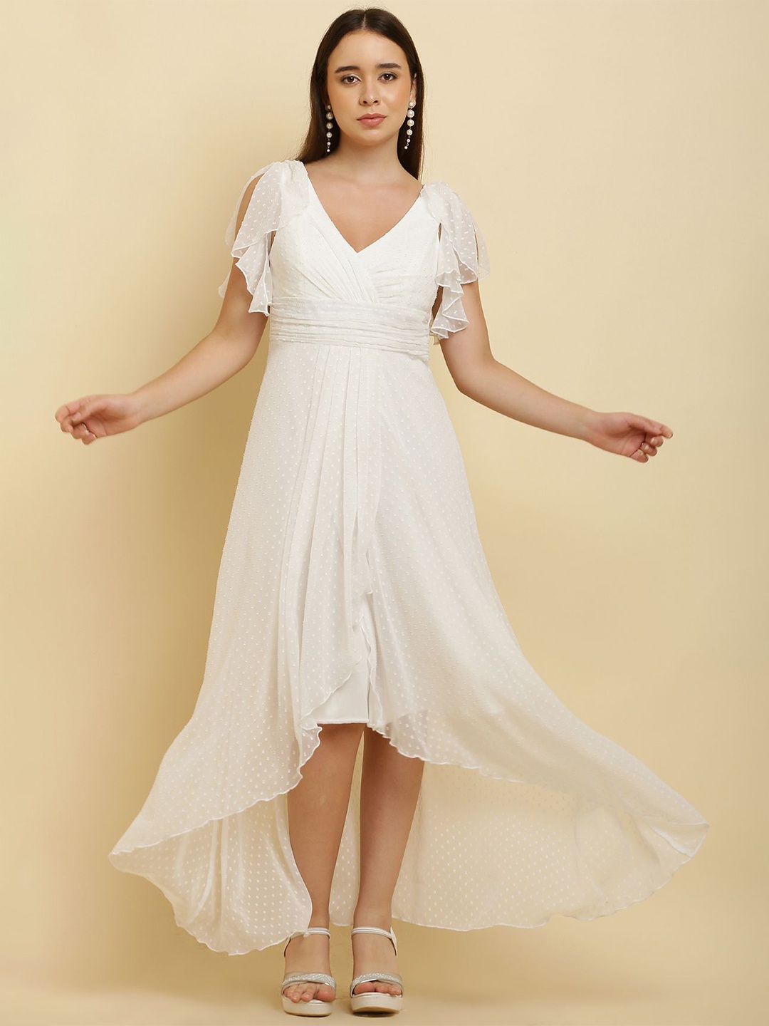

C4D Solid Georgette Flared Sleeve High-Low Maxi Dress, White