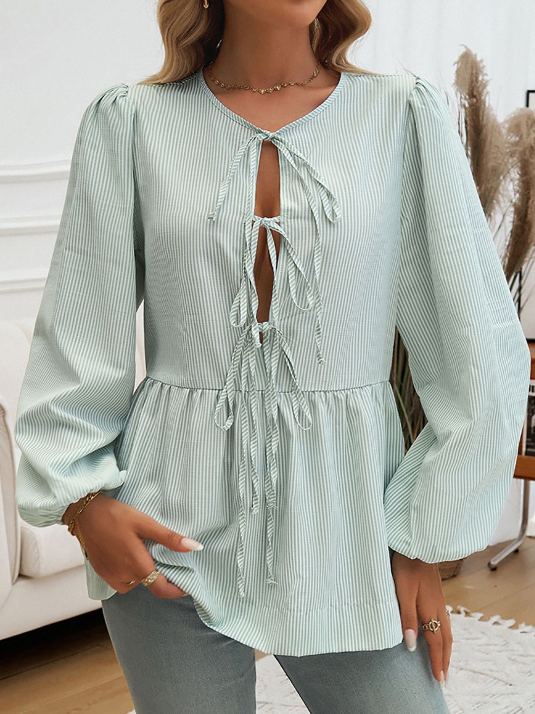 

StyleCast x Revolte Striped Tie-Up Neck Puff Sleeve Top, Green