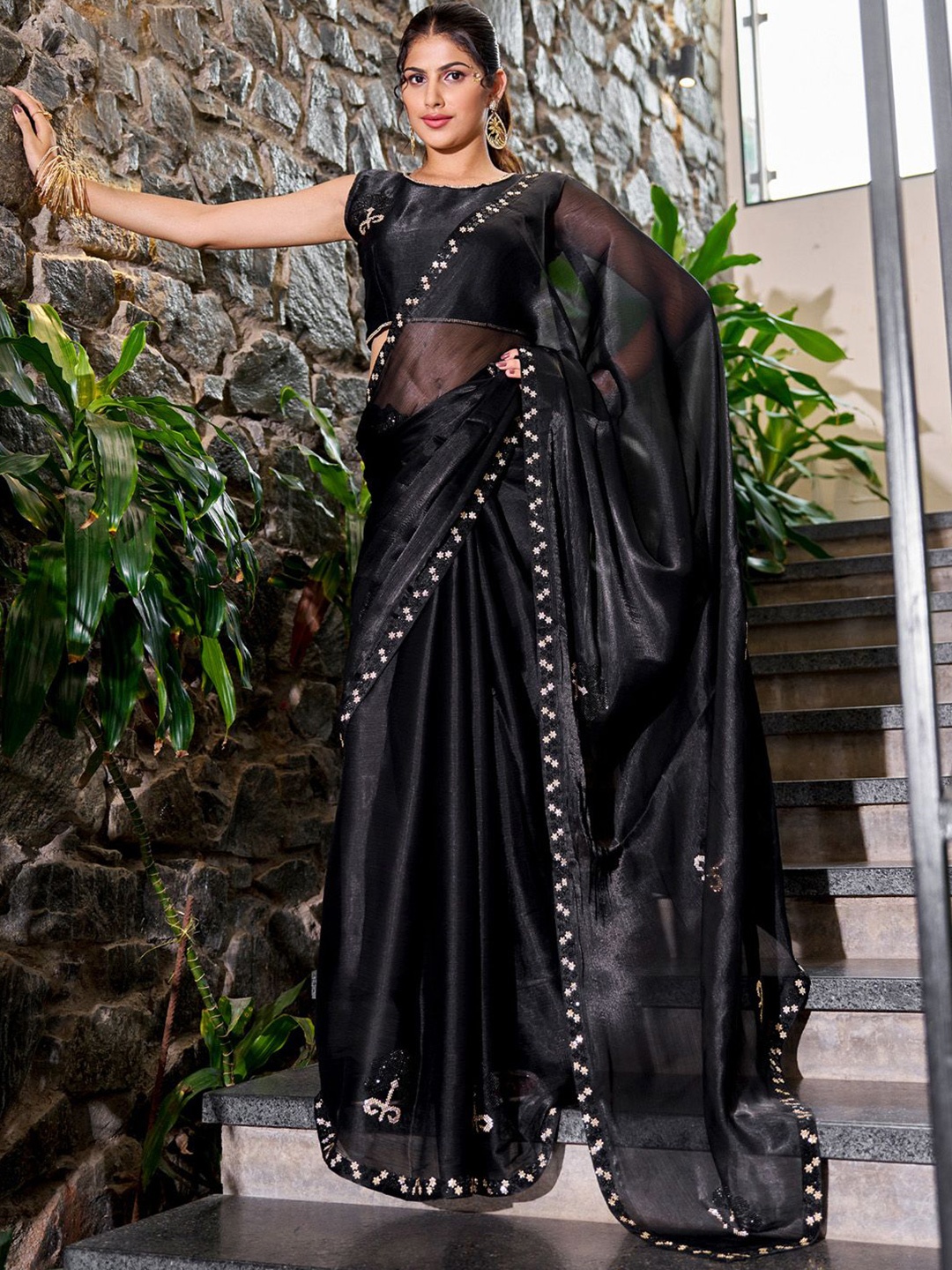 

Anouk Embellished Beads and Stones Organza Saree, Black