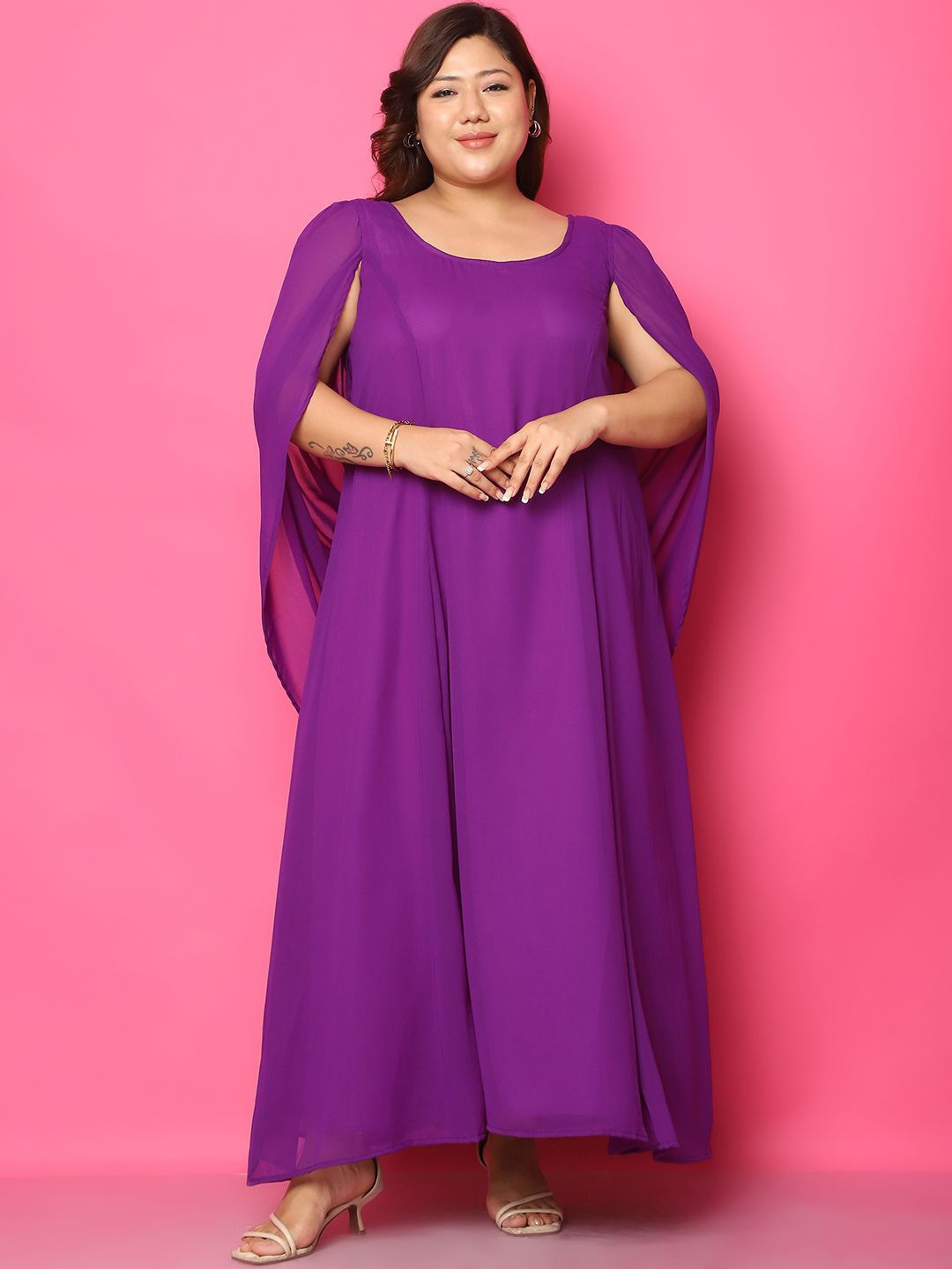 

theRebelinme Plus Size Slit Sleeve Georgette A-Line Maxi Dress, Purple