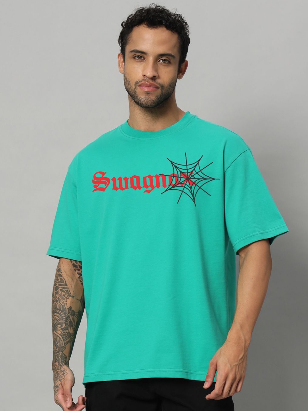 

SWAGNOX Men Typography Printed Round Neck Cotton Oversized T-shirt, Green