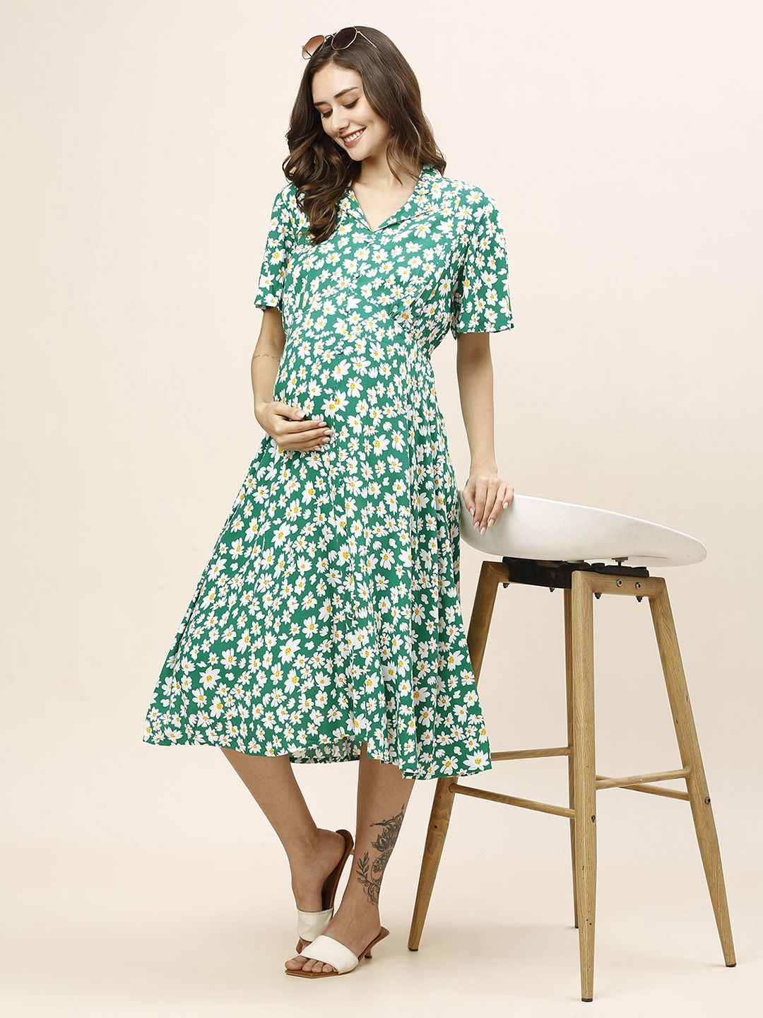

MomToBe Floral Printed Maternity A-Line Midi Dress, Green