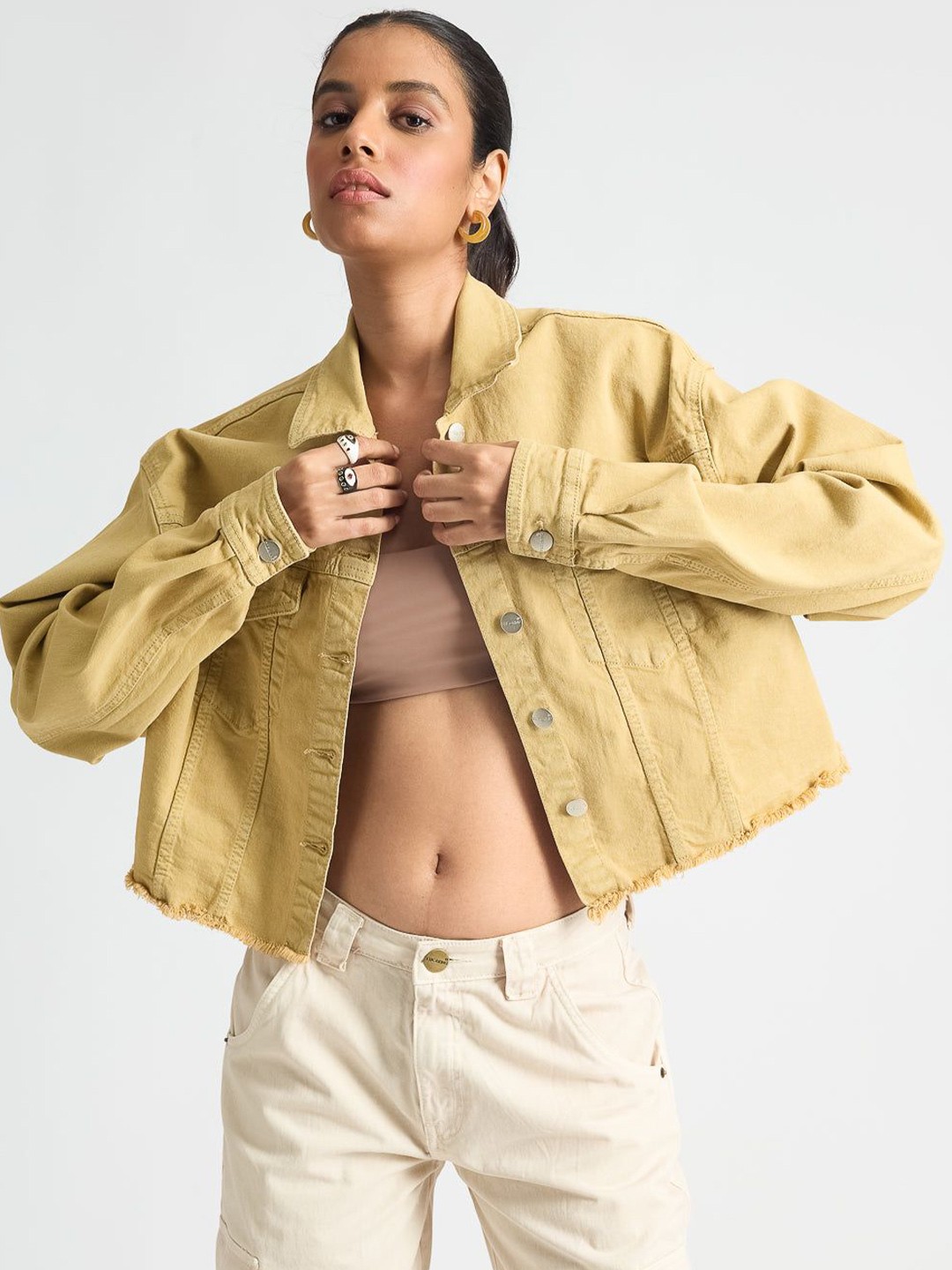 

FREAKINS Women Solid Crop Denim Jacket, Brown