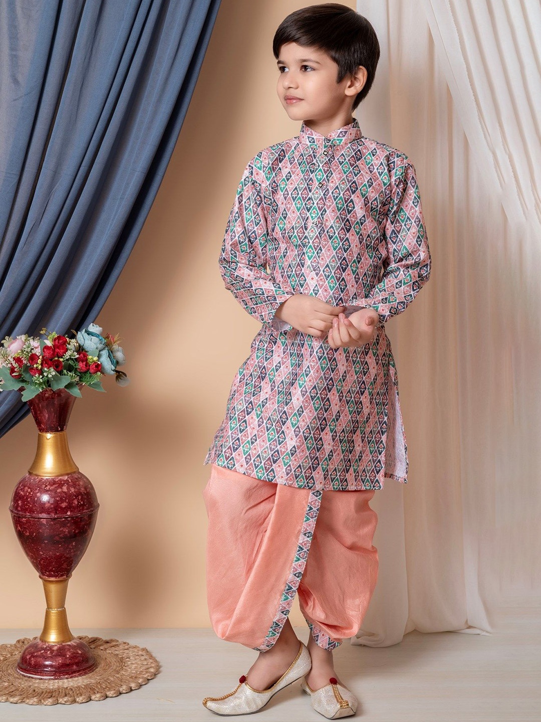 

NFC CREATION Boys Ethnic Motifs Printed Sequinned Dupion Silk Kurta With Dhoti Pants, Peach