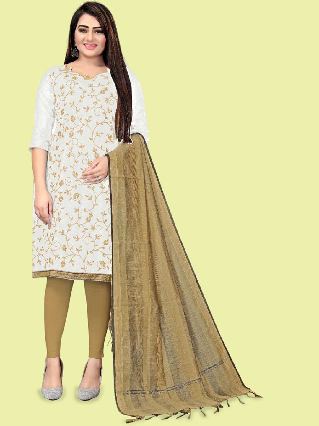 

APNISHA Floral Embroidered Thread Work Unstitched Dress Material, White
