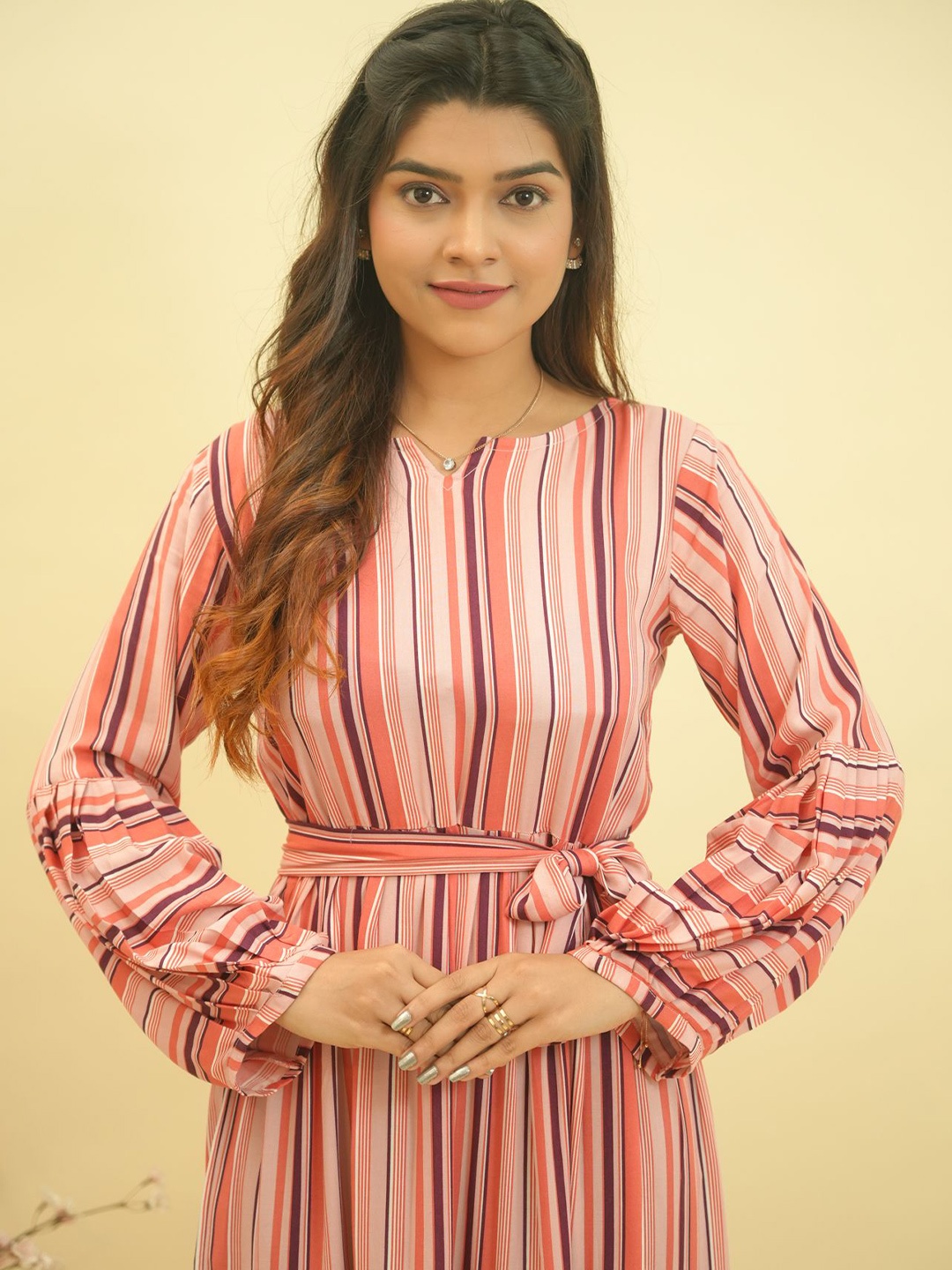 

GO BOUJEE Striped Fit & Flare Dress, Peach