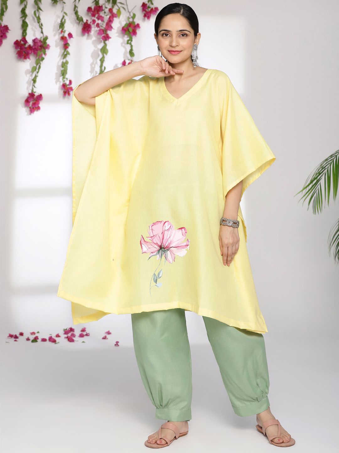 

LetsDressUp Floral Printed Extended Sleeves Cotton Kaftan Kurta, Yellow