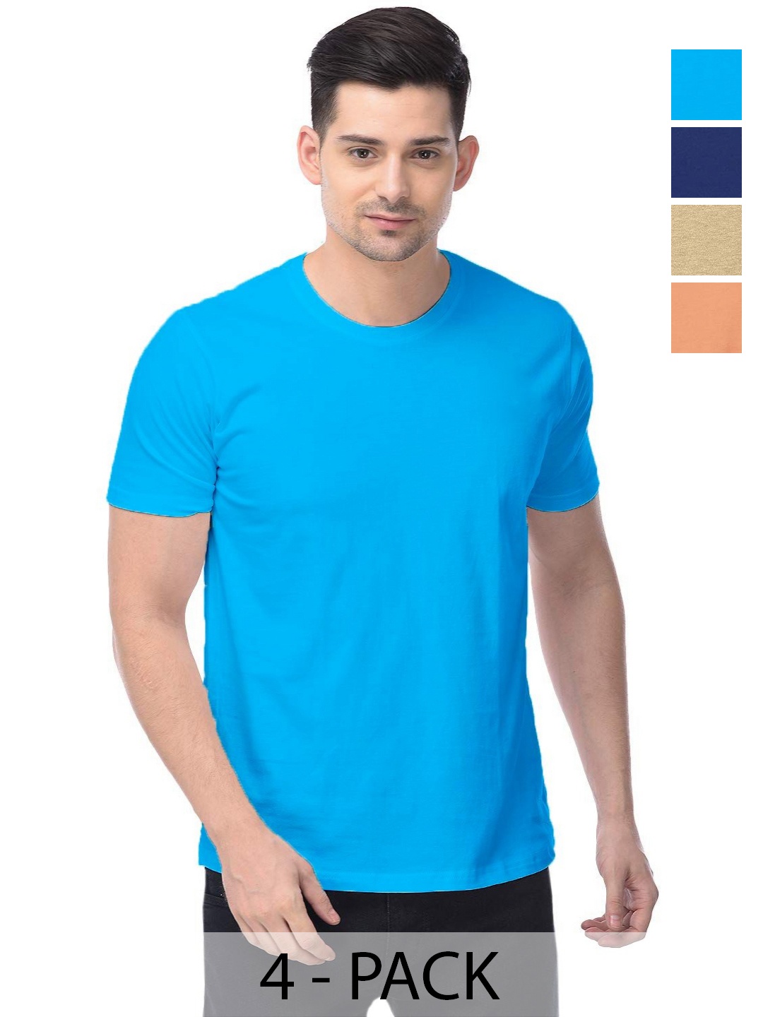 

COLOR CAPITAL Unisex Pack Of 4 Solid Pure Cotton T-shirts, Blue