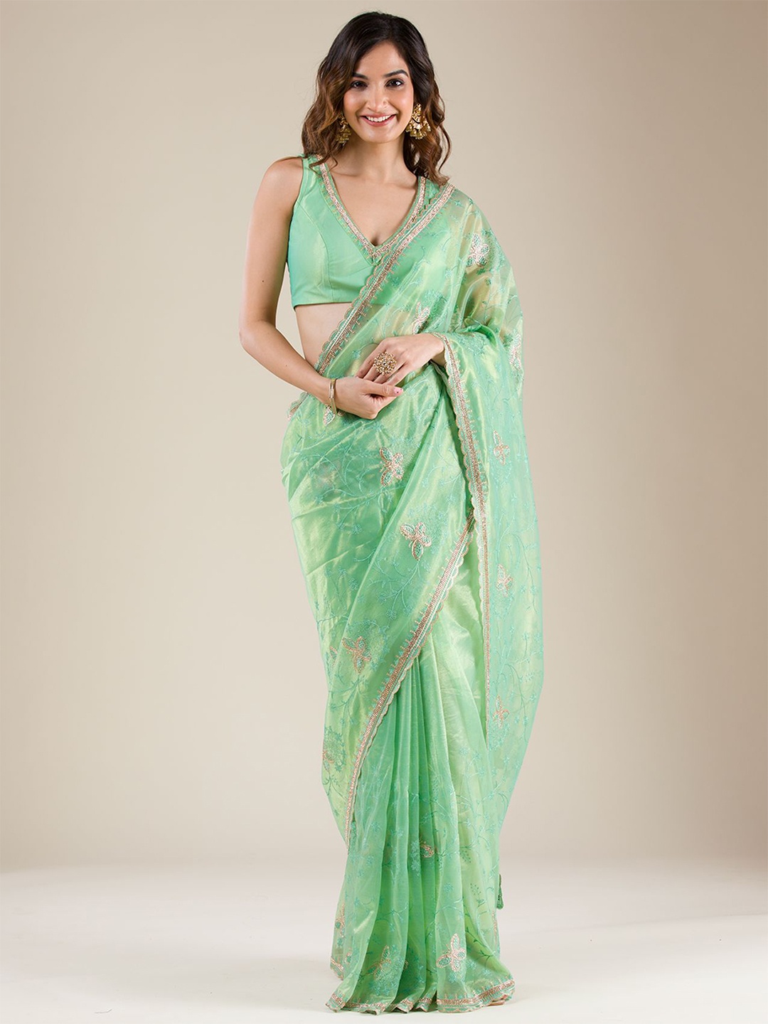 

Koskii Embellished Beads and Stones Tissue Saree, Green