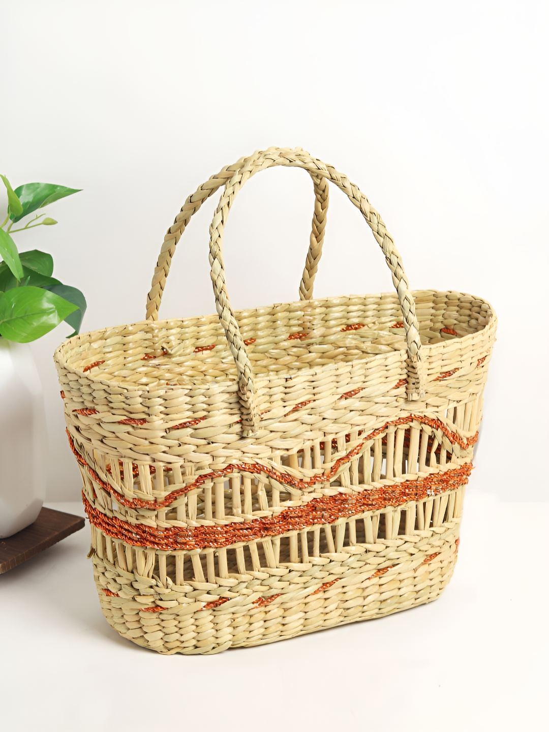 

HABERE INDIA GoldToned Seagrass Textured Shopping Basket, Orange