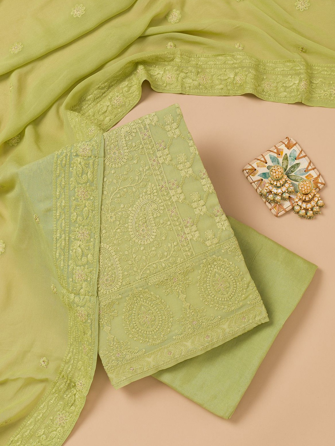 

Koskii Embroidered Unstitched Dress Material, Green