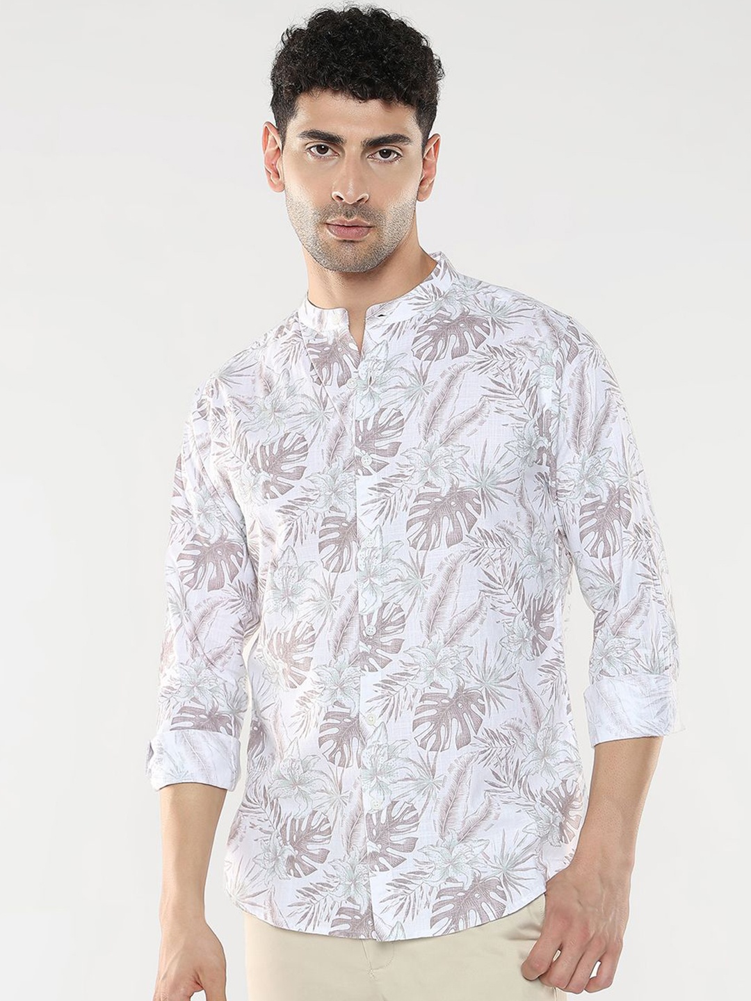 

R&B Men Band Collar Floral Printed Cotton Casual Shirt, White