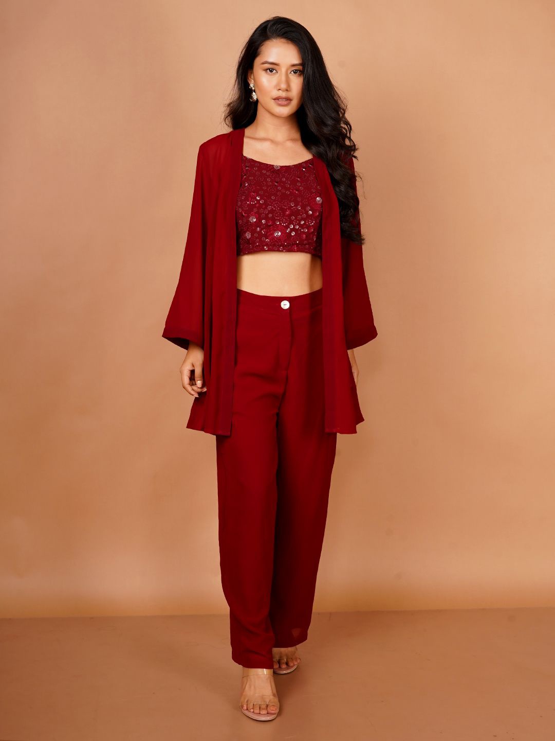 

Zink London Embroidered Round Neck Top With Trousers & Shrug, Red