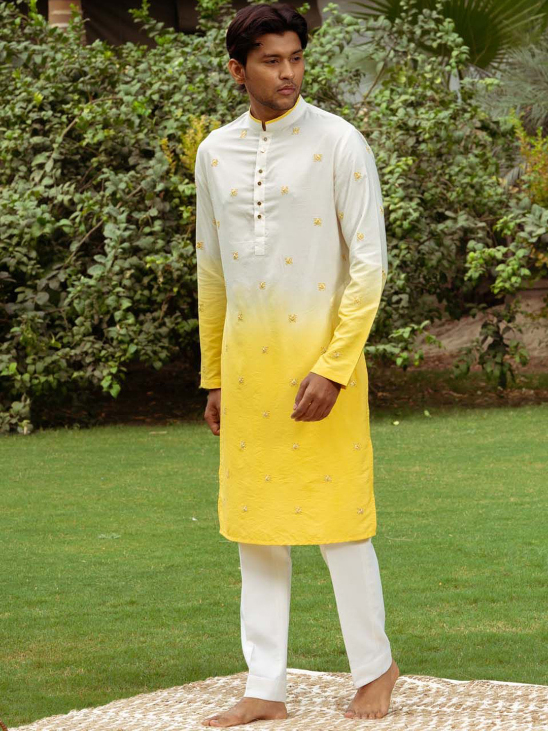 

Ayush Jain Floral Embroidered Thread Work Mandarin Collar Cotton Silk Straight Kurta, Yellow