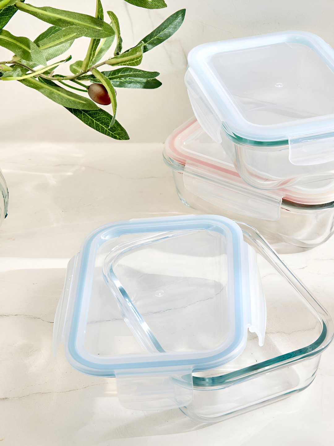 

Home Centre Fiesta 3 Pcs Transparent & Blue Glass Fridge Containers