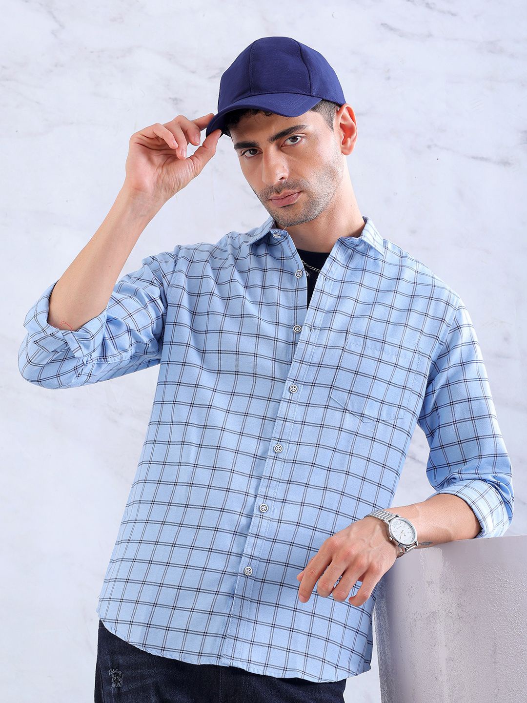 

Hardsoda by The Indian Garage Co Men Spread Collar Tartan Checked Slim Fit Casual Shirt, Blue