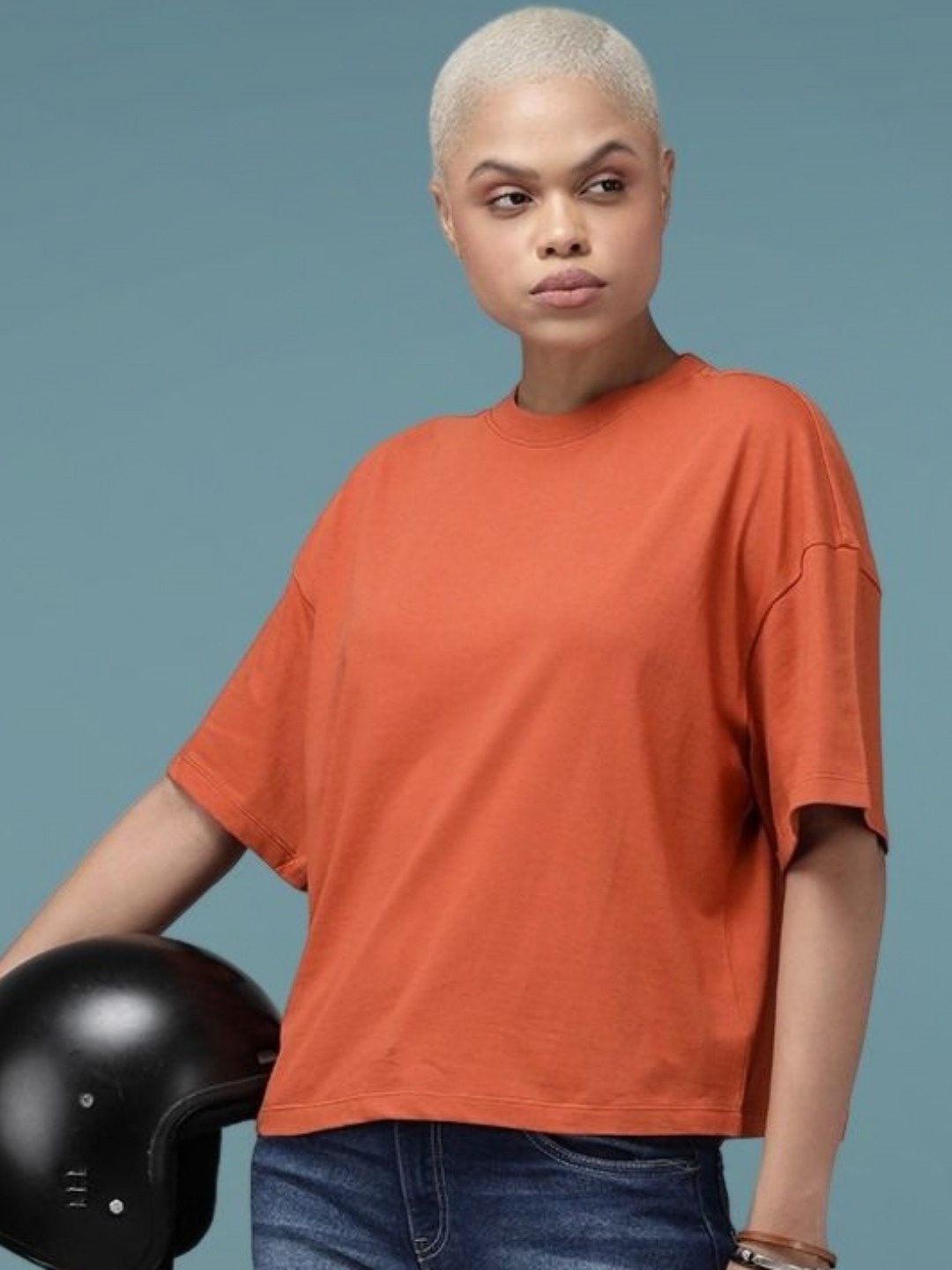 

DressBerry Women Drop-Shoulder Sleeves Boxy T-shirt, Orange