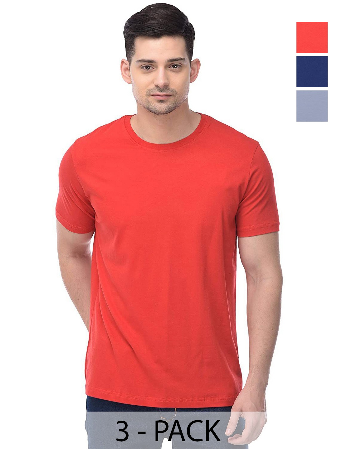 

COLOR CAPITAL Unisex Pack Of 3 Solid Pure Cotton T-shirts, Red