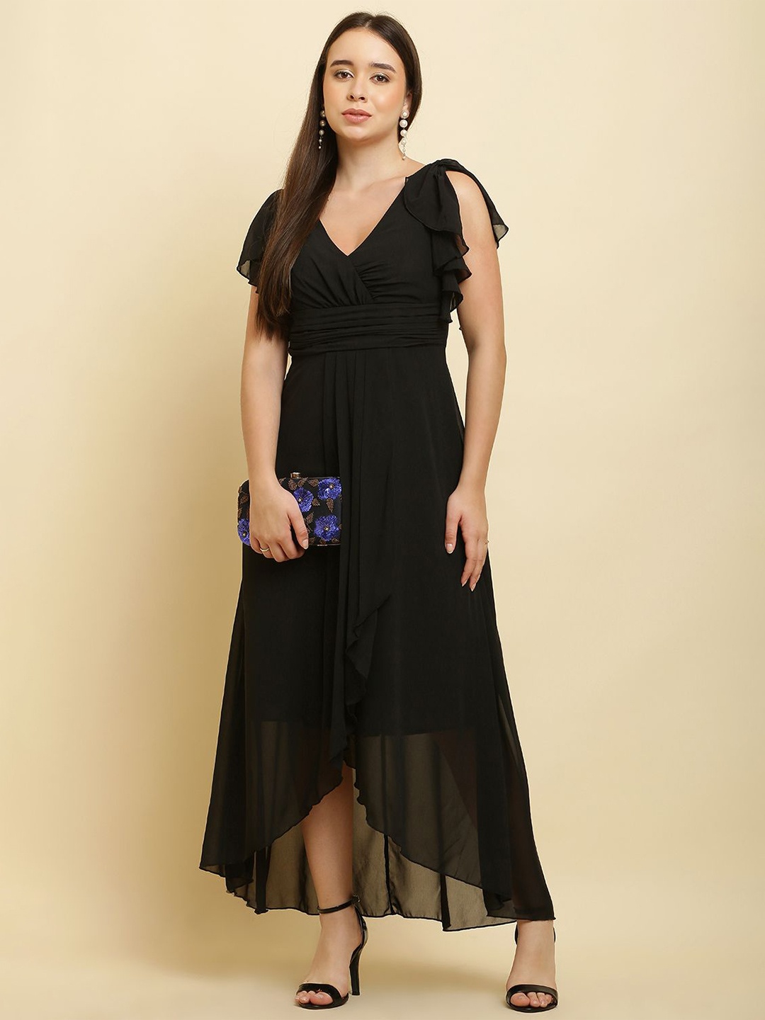 

C4D Flared Sleeve Ruffled Georgette Maxi Dress, Black