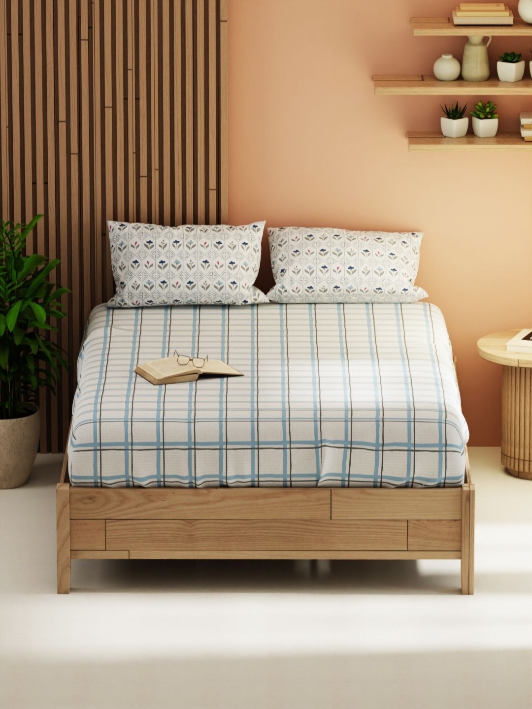 

KOPA Magnolia Grey & Blue Checked 152 TC Queen Bedsheet With 2 Pillow Covers