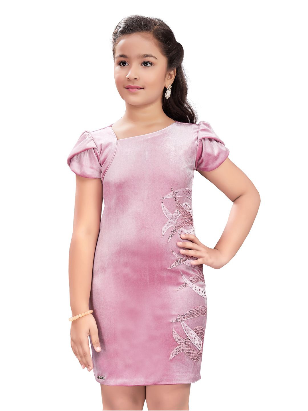 

Lei-Chie Girl Solid Embellished Velvet Bodycon Above Knee Dress, Pink