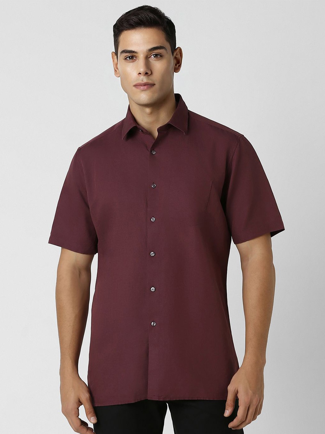 

Van Heusen Men Spread Collar Solid Linen Blend Party Shirt, Maroon