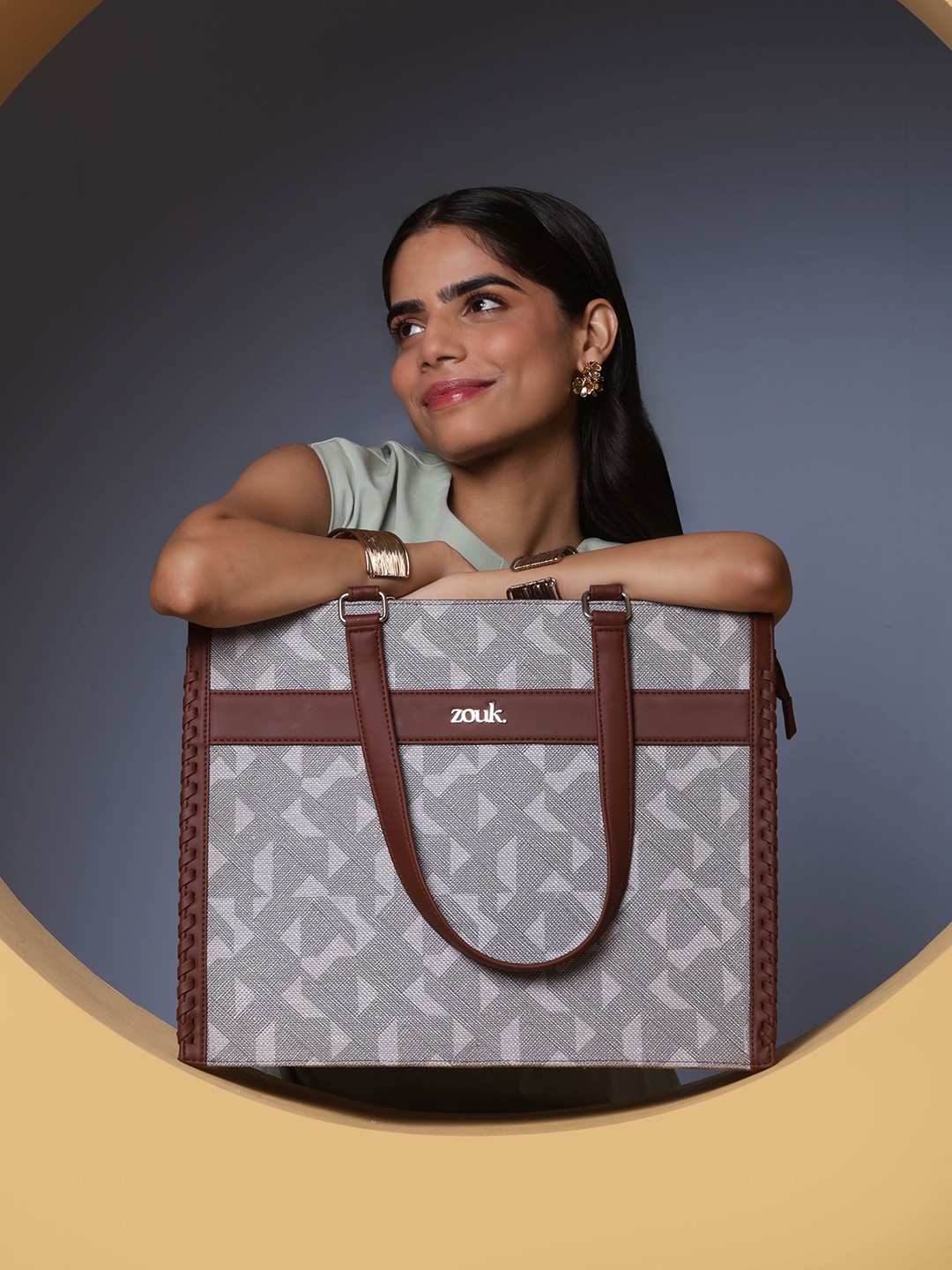

ZOUK Geometric Printed Structured Tote Bag, Grey
