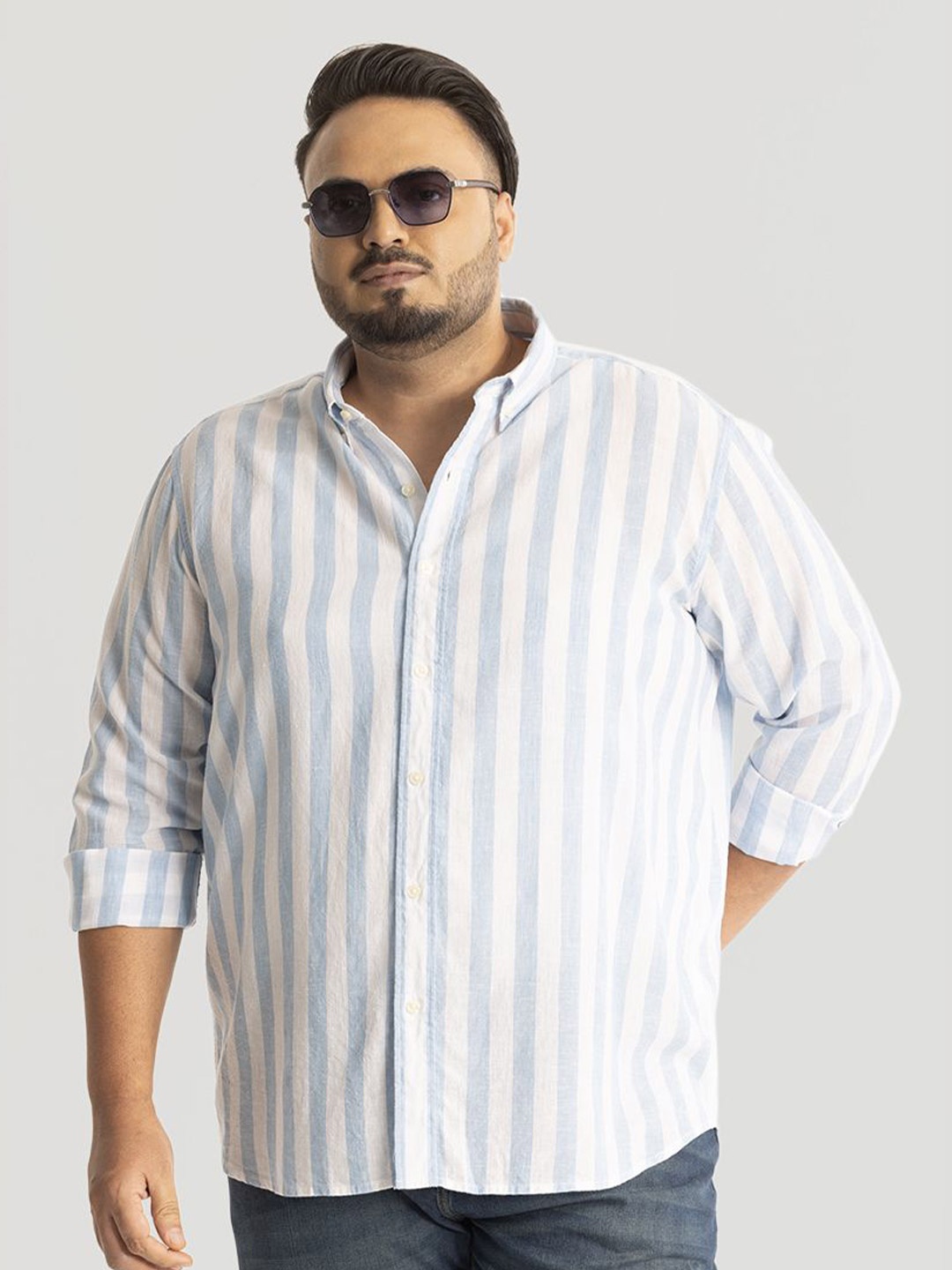 

Snitch Plus Size Men Classic Button-Down Collar Striped Linen Casual Shirt, Blue
