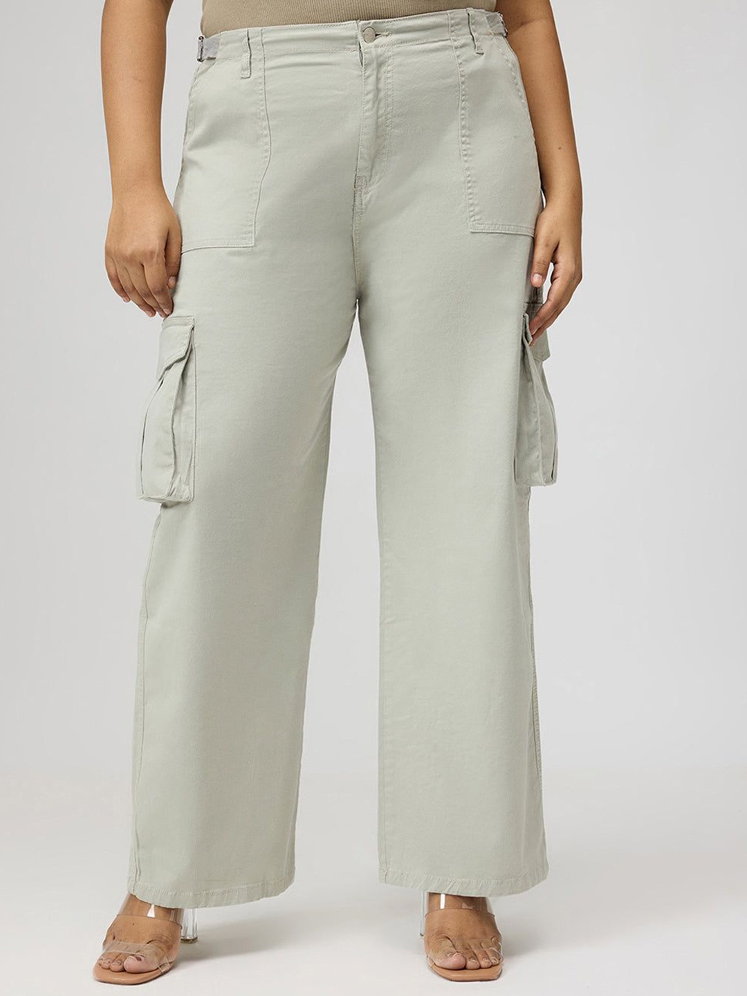 

FREAKINS Women Loose Fit High-Rise Cotton Cargo Trousers, Green