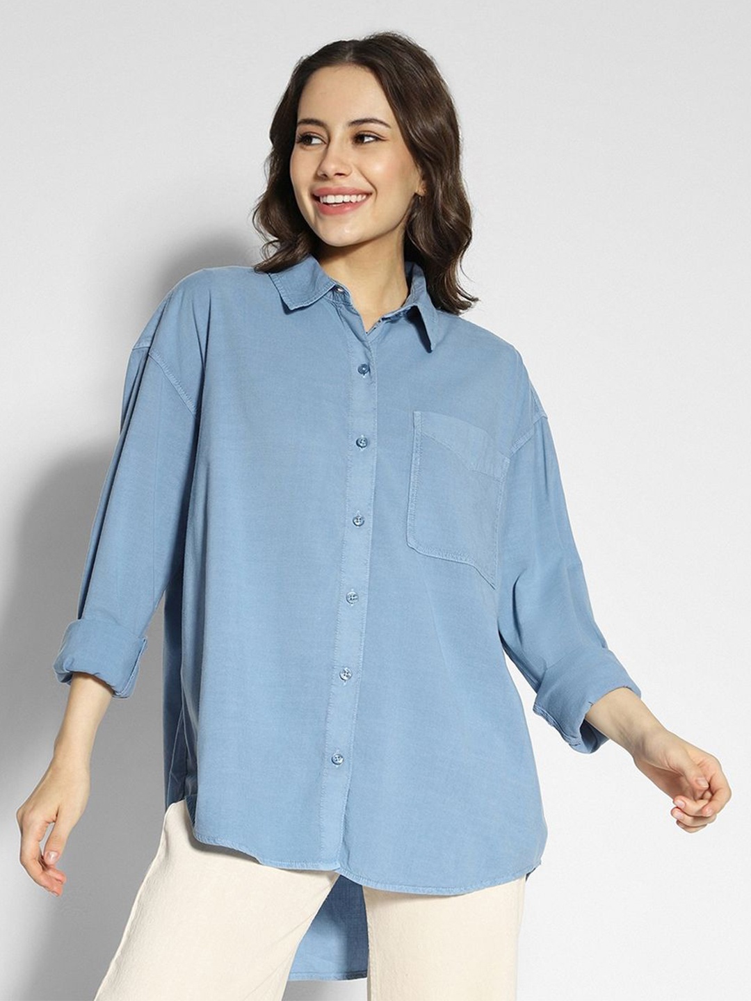 

AMERICAN EAGLE OUTFITTERS Women Spread Collar Solid Cotton Oversized Casual Shirt, Blue