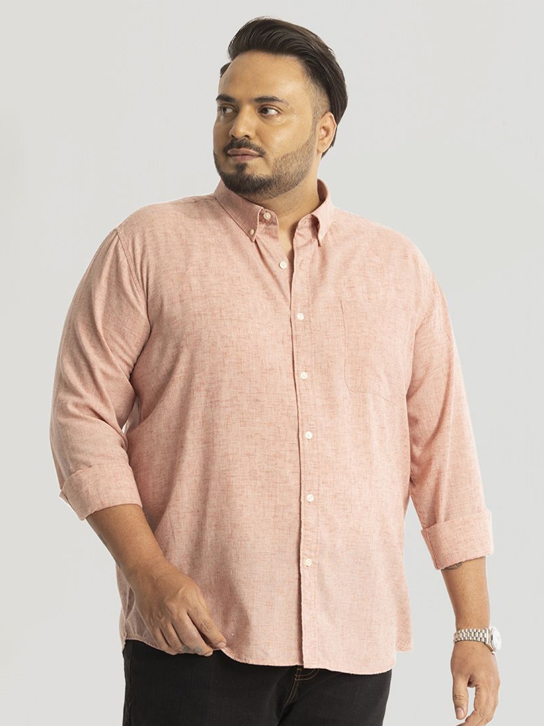 

Snitch Men Plus Size Classic Button-Down Collar Textured Solid Linen Casual Shirt, Peach