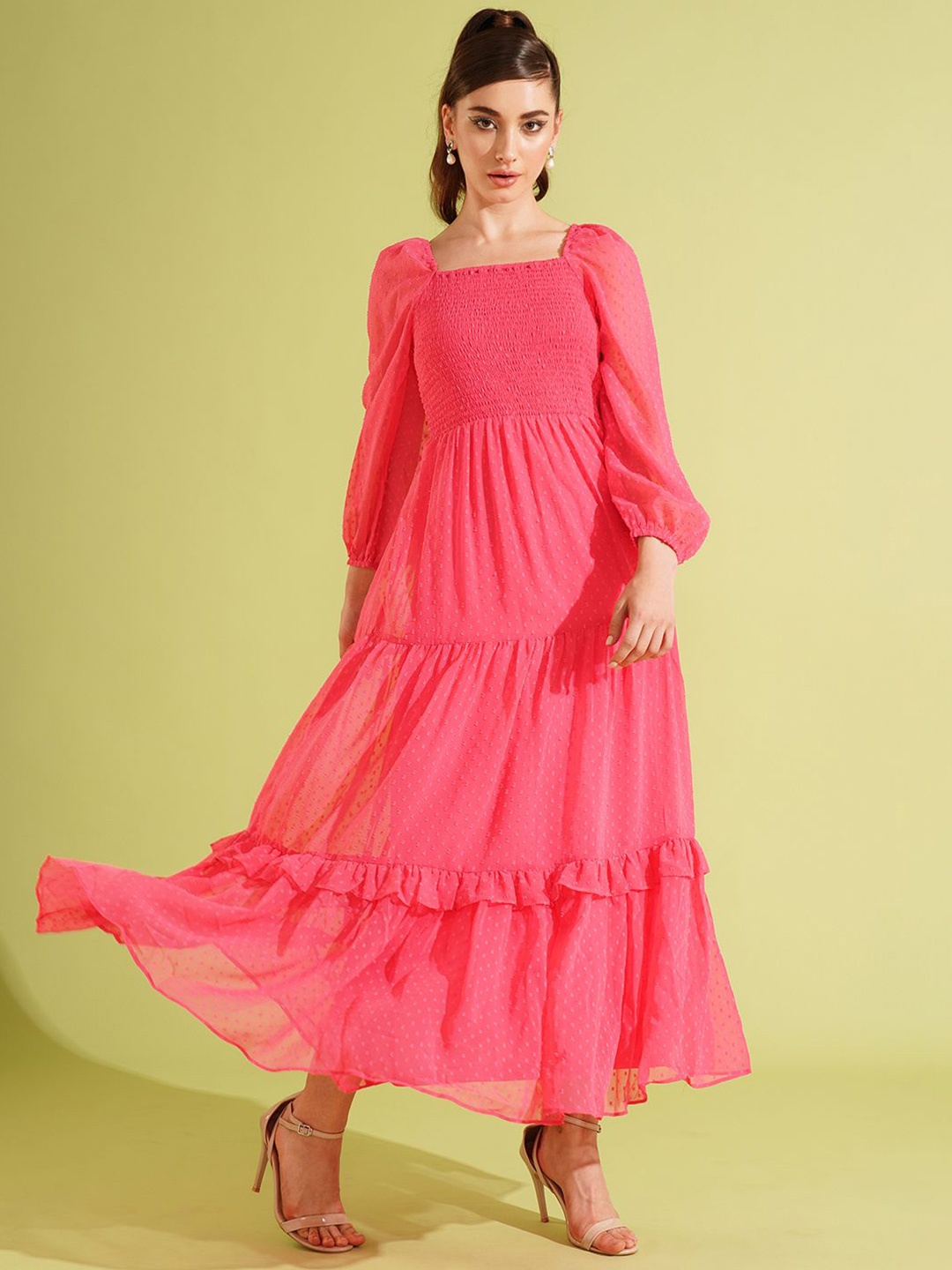 

Globus Bishop Sleeve Georgette Smocked Tiered Maxi Dress, Pink