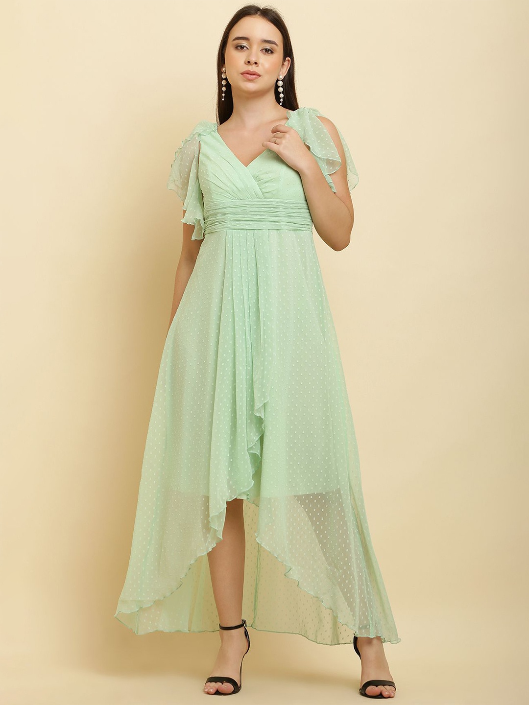 

C4D Flared Sleeve Ruffled Georgette Maxi Dress, Green
